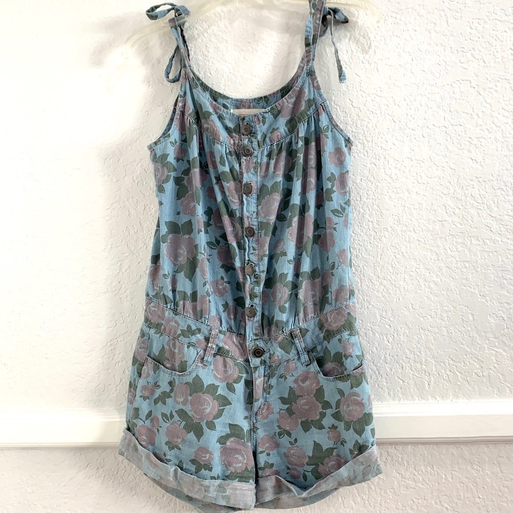 Floral faded denim shorts romper